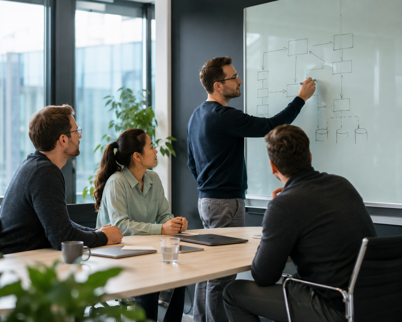 Team of software engineers discussing around a conference table with boxes and arrows on a whiteboard