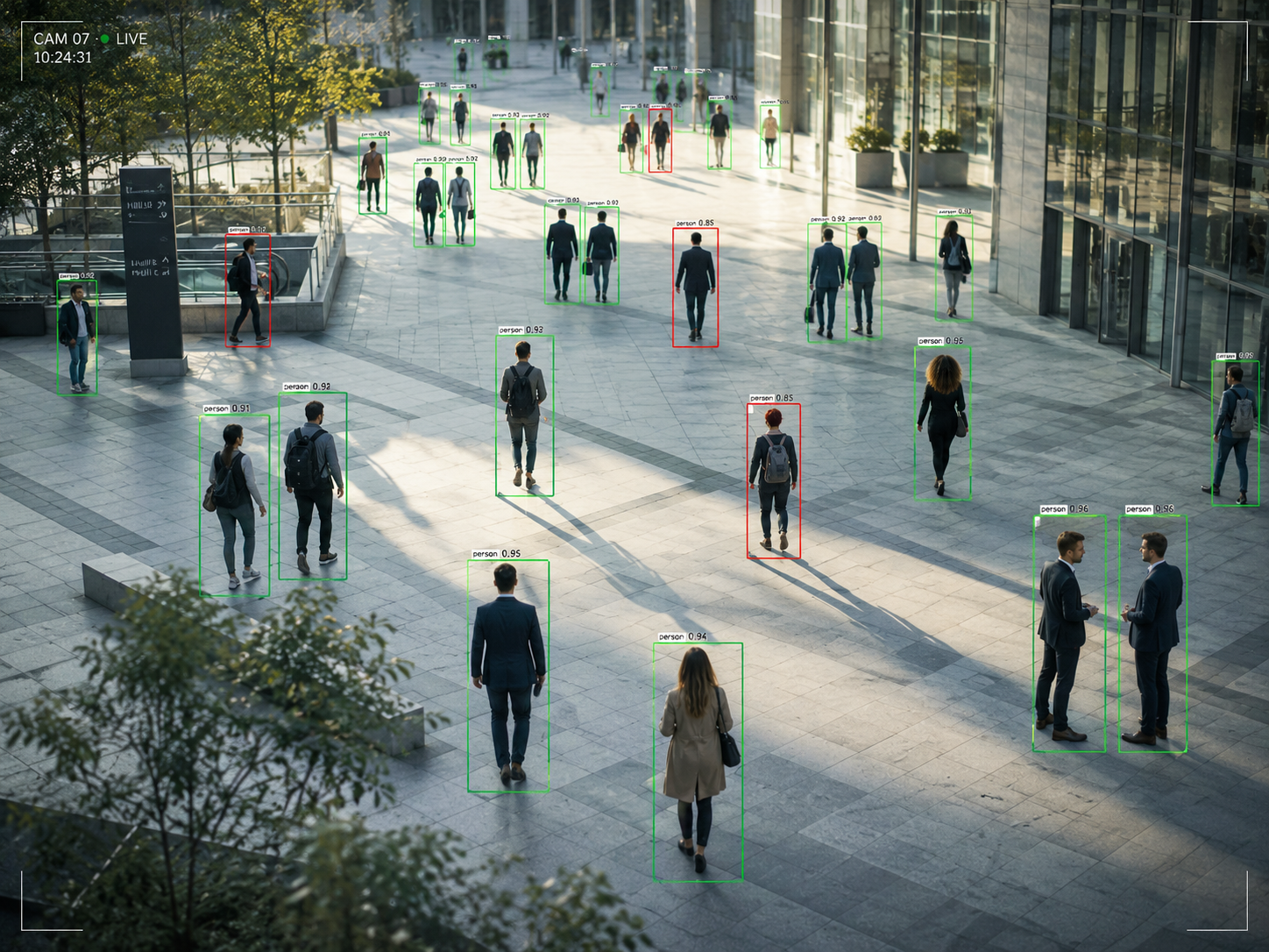 Computer-vision red and green boxes around persons in a public space from a CCTV footage