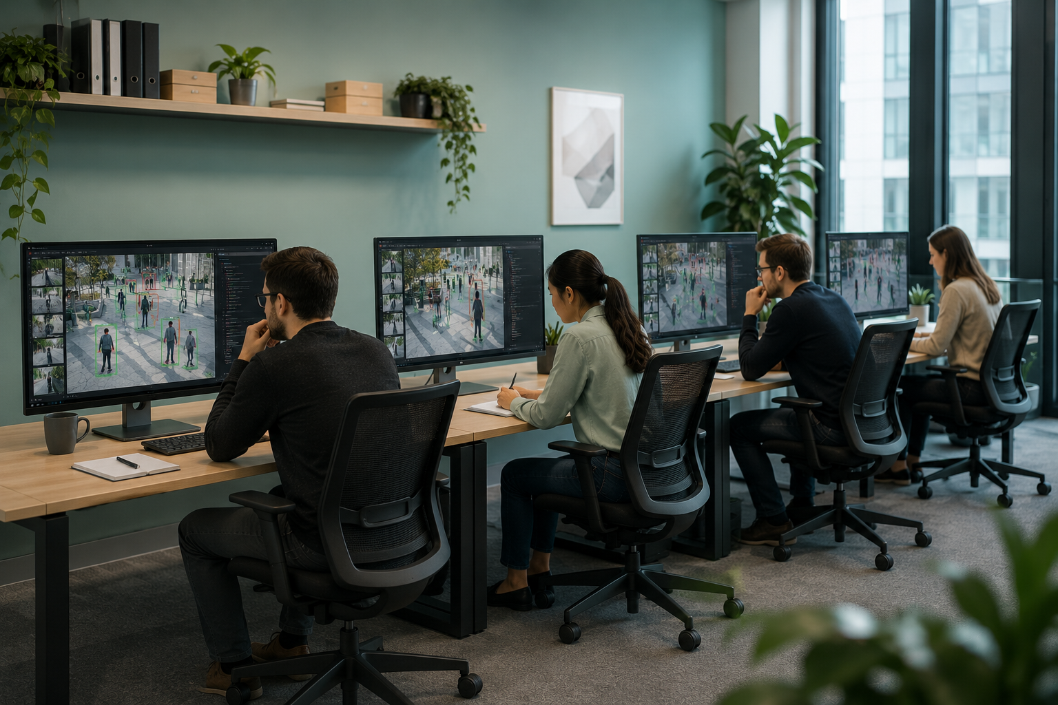 Four desks with computers, four engineers evaluating computer-vision results on a monitor